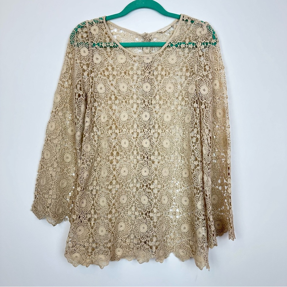 Altar’d State Women’s Tan Crochet Boho Feminine Bell Sleeve Tunic Top Sz S